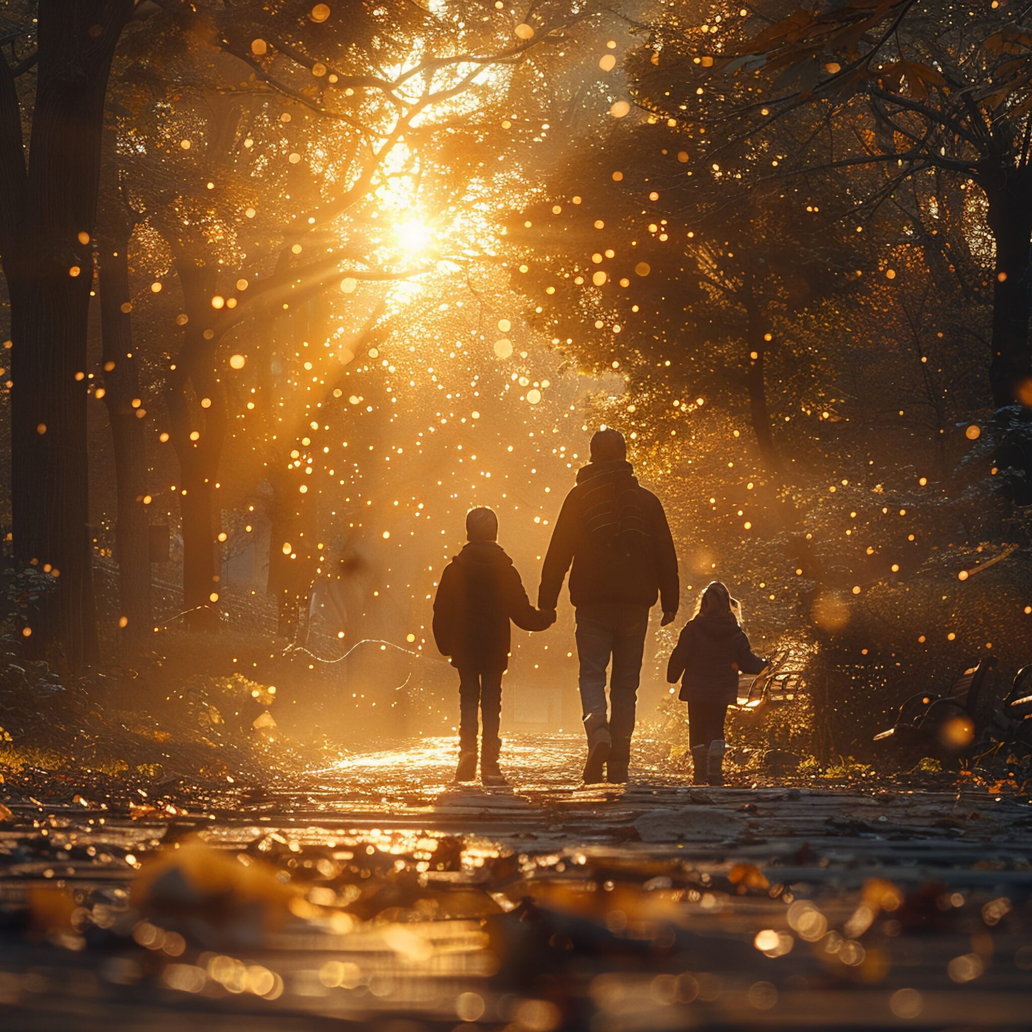 Family taking a walk in a traditional park, medium shot, natural light.